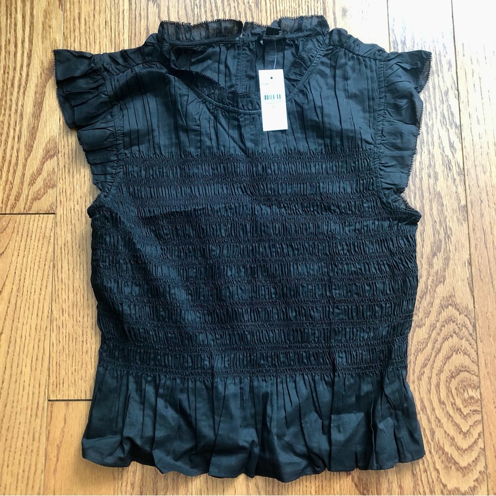 Ann Taylor Black Smocked Ruffle Sleeve Cotton Blouse Coquette Women’s Size NWT